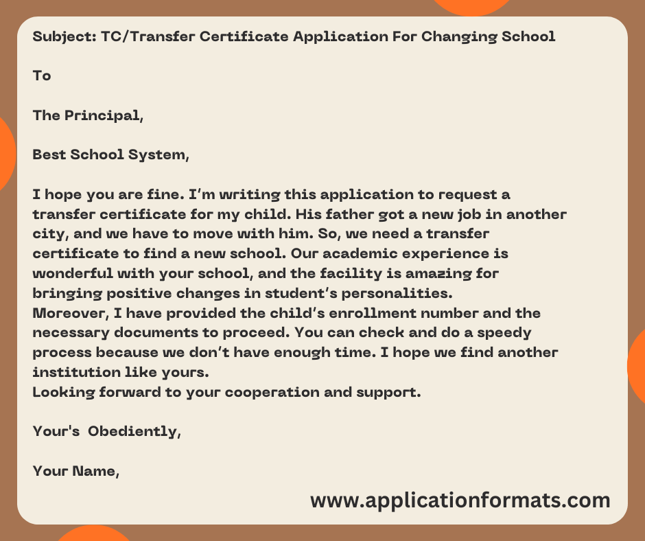TC/Transfer Certificate Application For Changing School