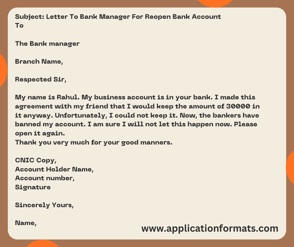 Letter To Bank Manager For Reopen Bank Account