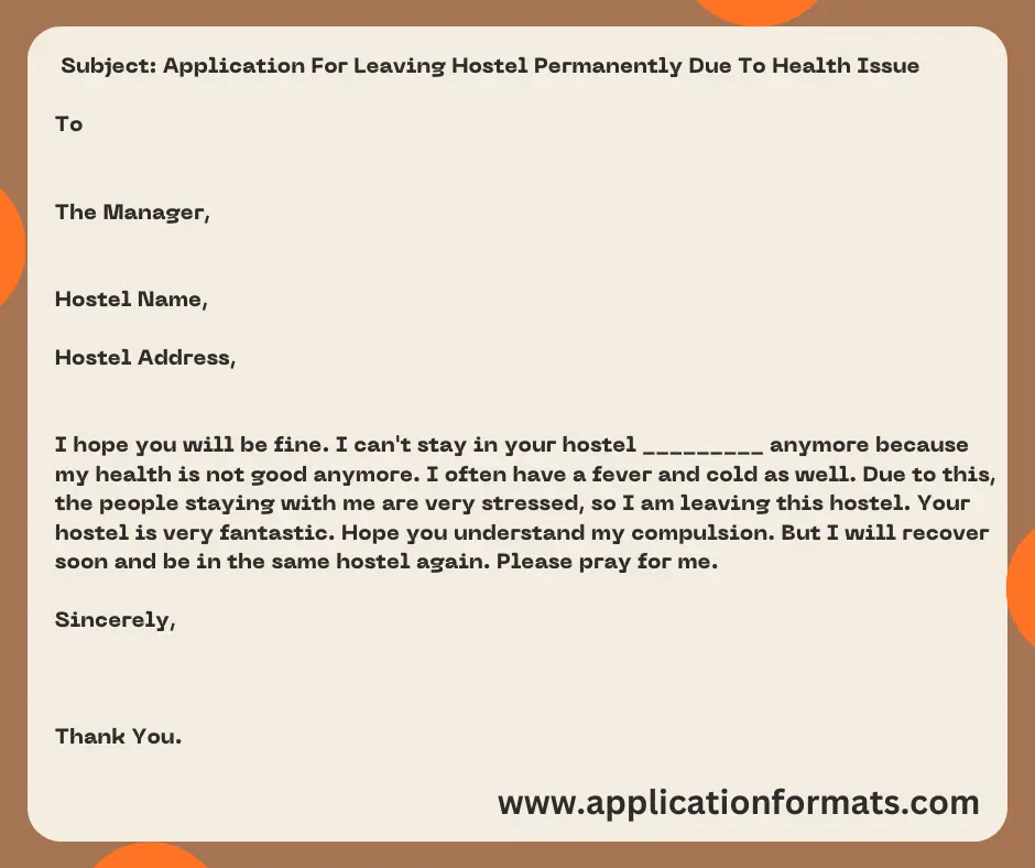 application letter to principal for leaving hostel