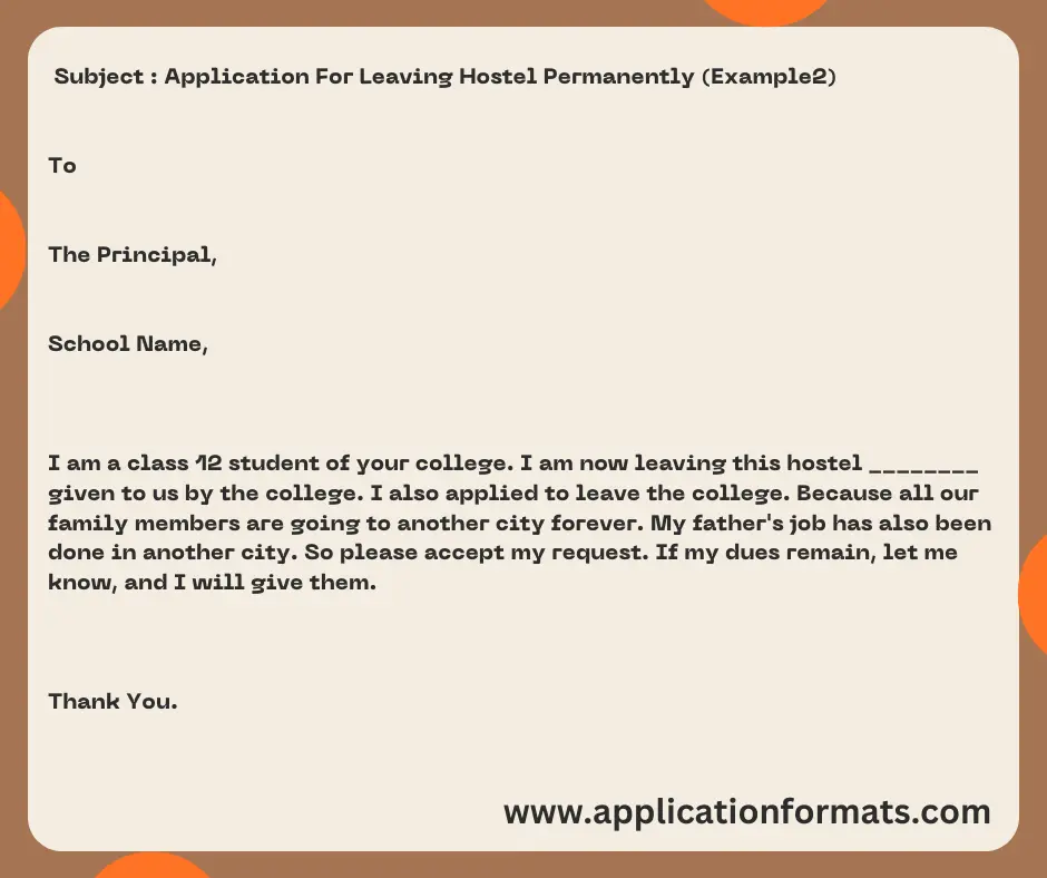 application letter for leaving hostel permanently