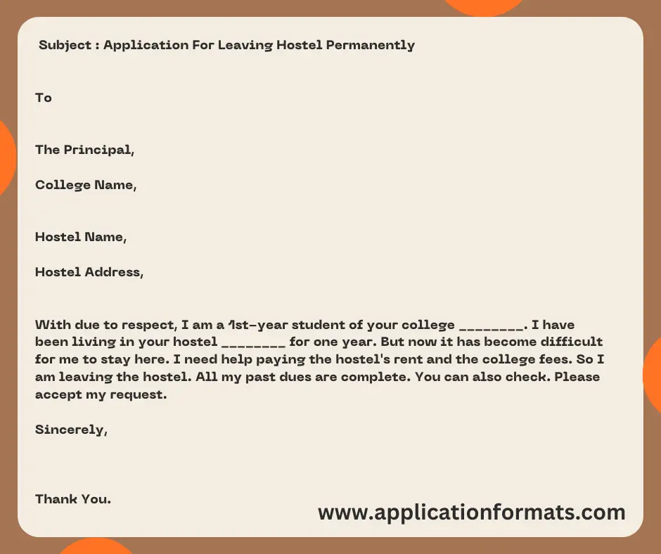 application letter for leaving hostel permanently